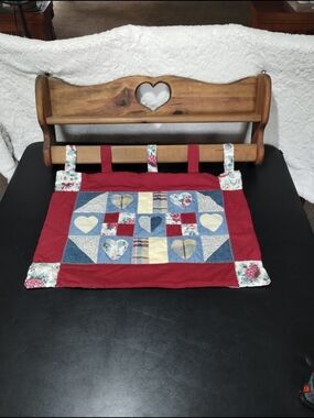 Cottage Core Wood Heart Shelf With Patchwork Heart Quilted Valance